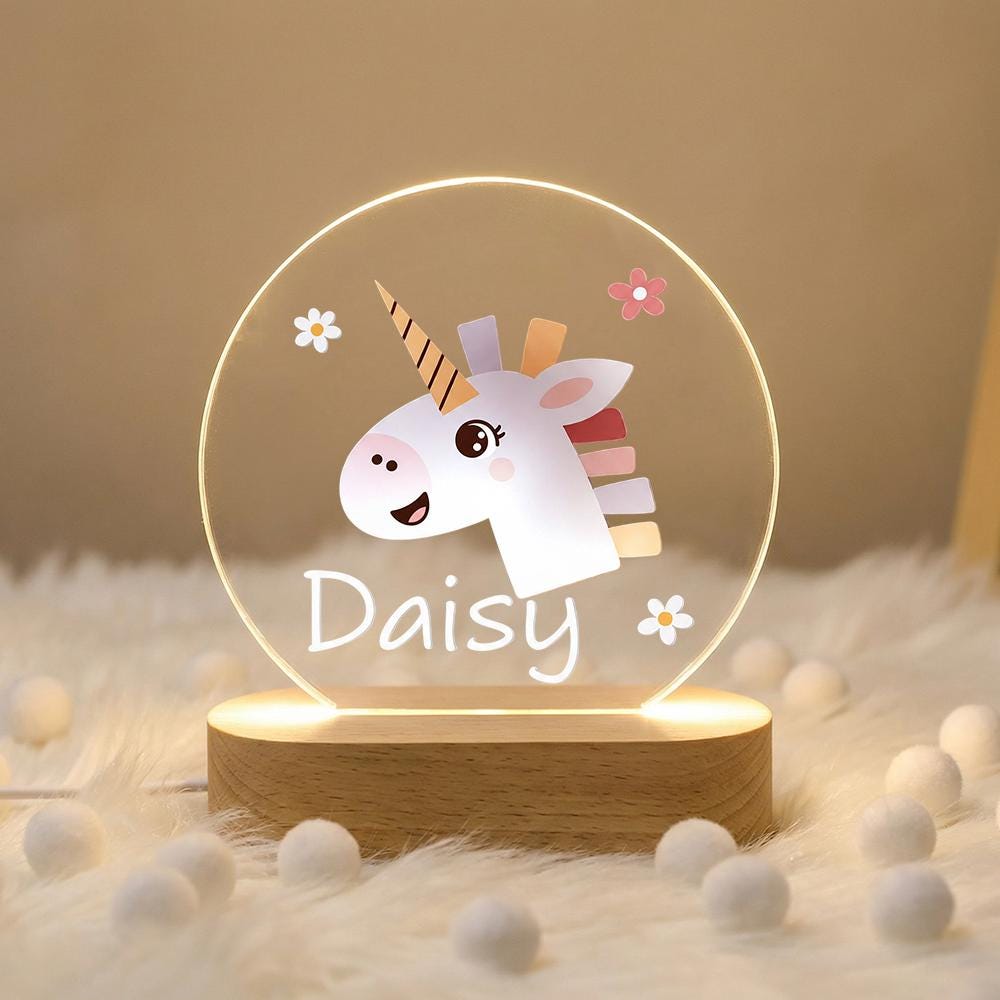 Personalized Unicorn Night Light Acrylic Plaque, Custom Name LED Lamp for Kids Nursery Decor, Baby Shower Gift, Rainbow Cute Animal Bedroom