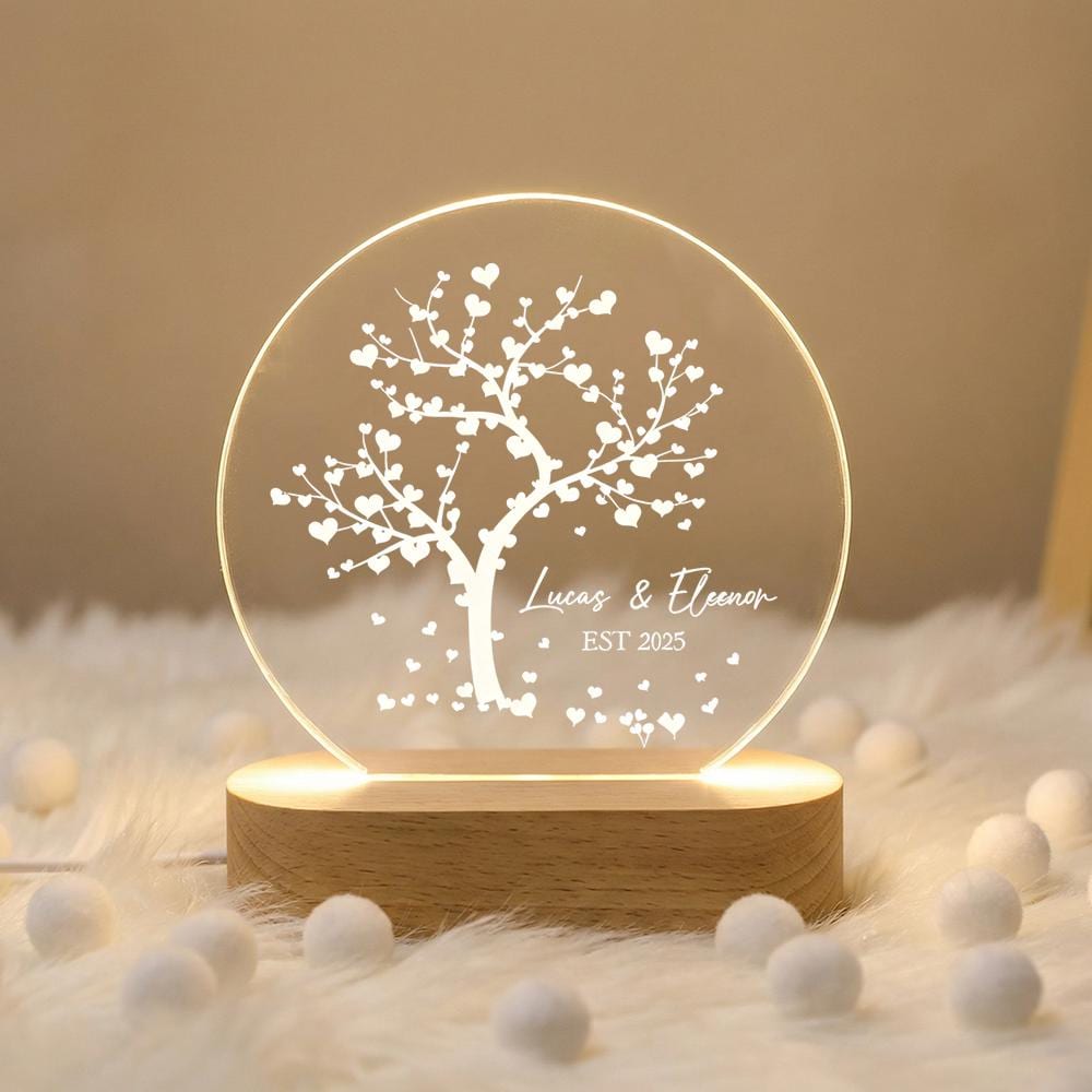 Acrylic LED Night Light with Custom Names, Tree of Hearts Design, Anniversary Wedding Gift, Couple Keepsake, Personalized Room Decor