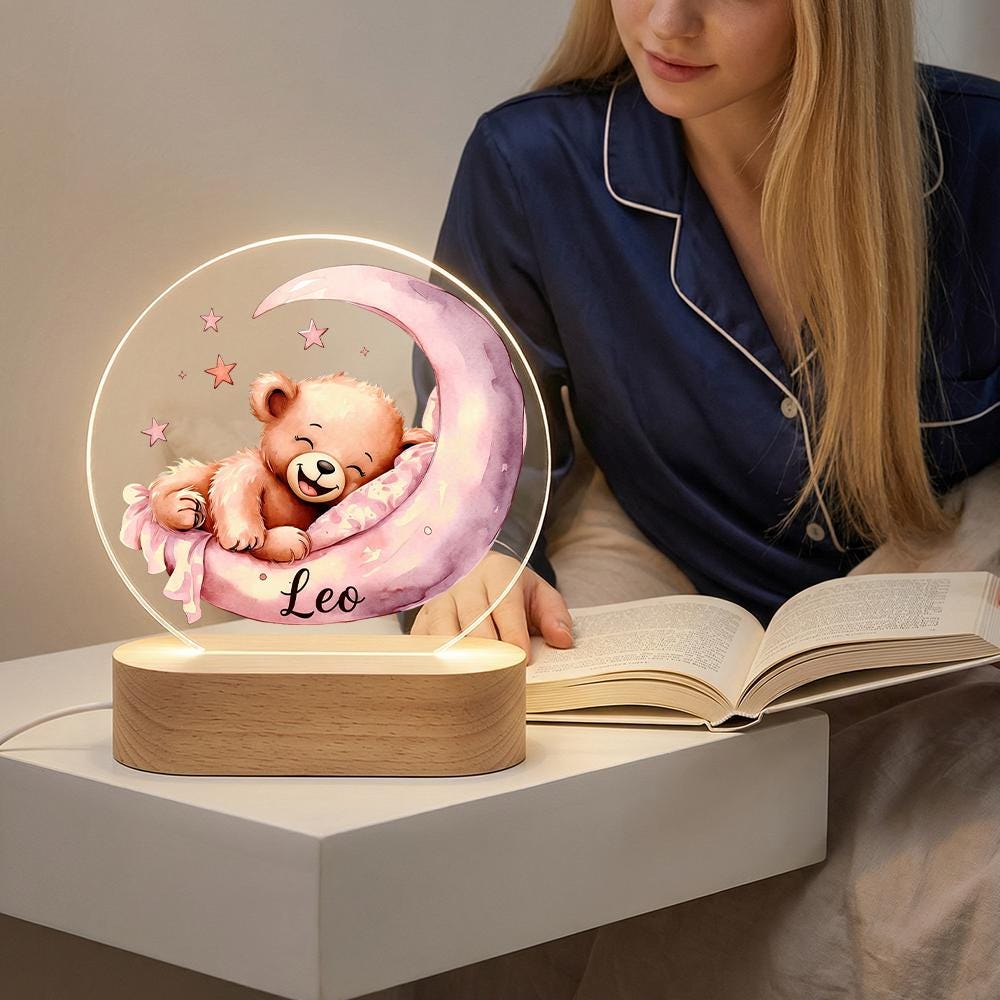 Acrylic LED night light with teddy bear on crescent moon, personalized name nursery lamp, baby room decor, newborn shower gift