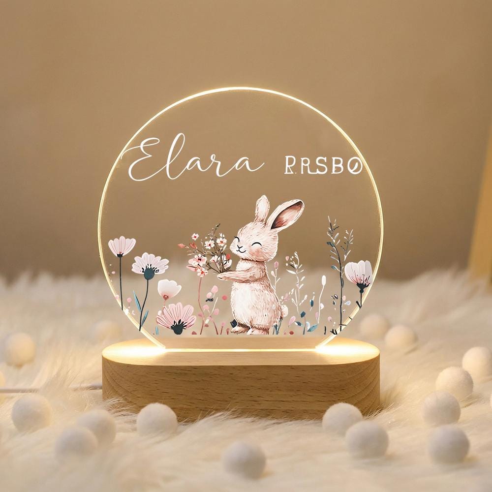 Personalized Acrylic Night Light with Wooden Base, Bunny & Wildflower Nursery Lamp, Custom Name LED Bedside Decor, Baby Shower Gift