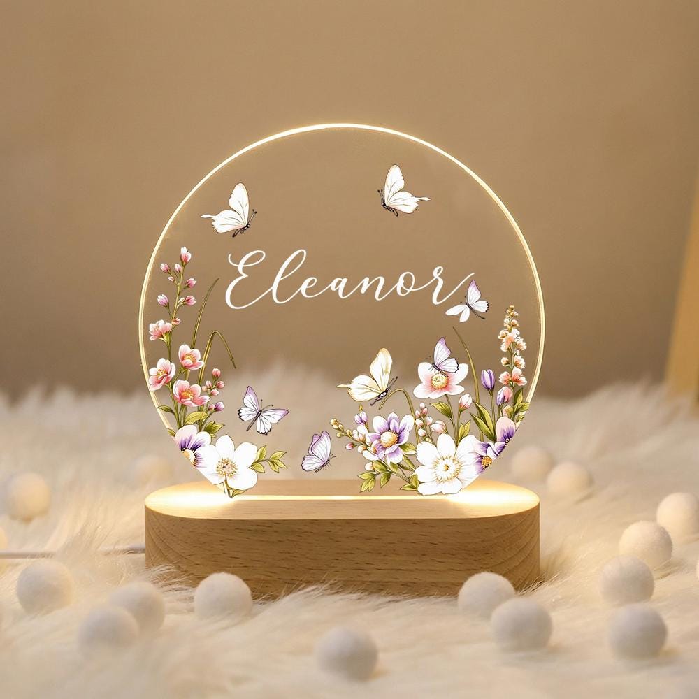 Personalized acrylic name night light with butterflies and wildflowers, LED wooden base lamp, custom nursery decor, girls room bedside gift