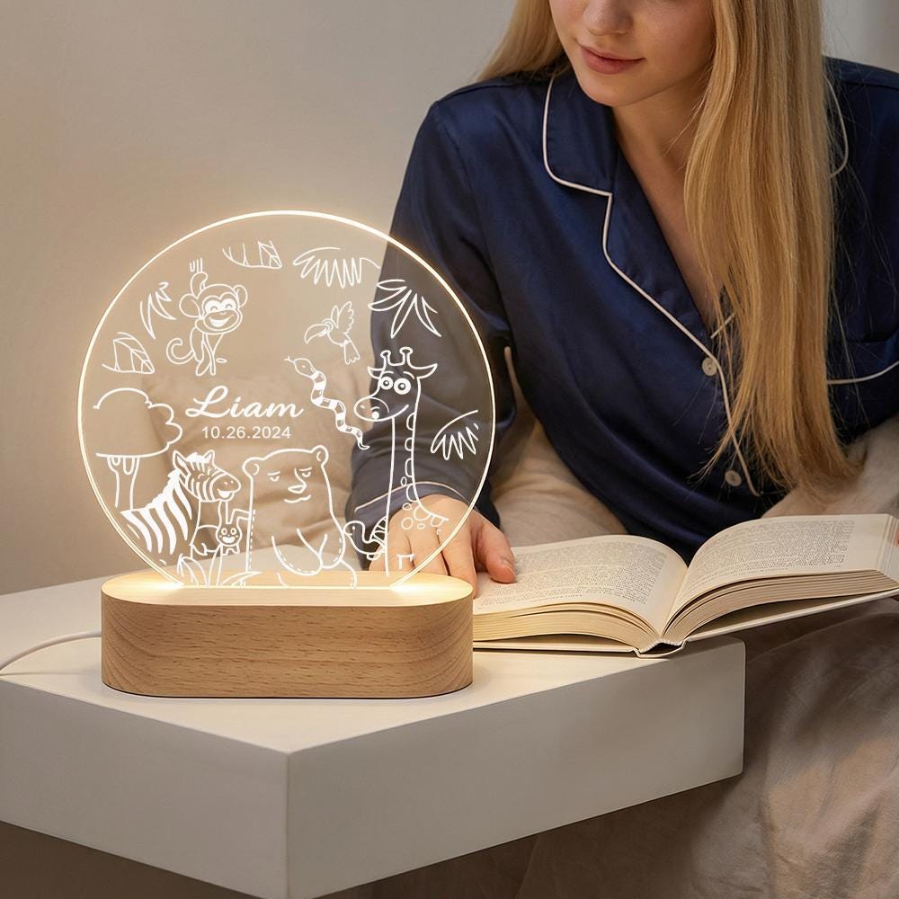 Personalized safari animal night light with name & date, acrylic LED lamp for nursery decor, baby shower gift, kids room bedtime light