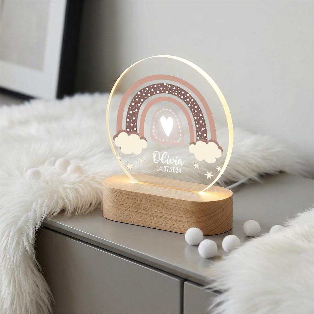 Personalized Rainbow Night Light Acrylic Plaque, Custom Name Date LED Lamp, Nursery Decor Keepsake, Baby Shower Gift, Kids Room Bedside Ligh