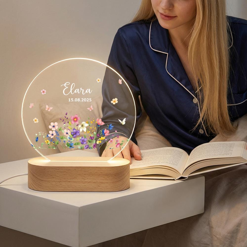 Personalized acrylic night light with wooden base, custom name date floral nursery lamp, LED bedside decor, baby shower keepsake gift