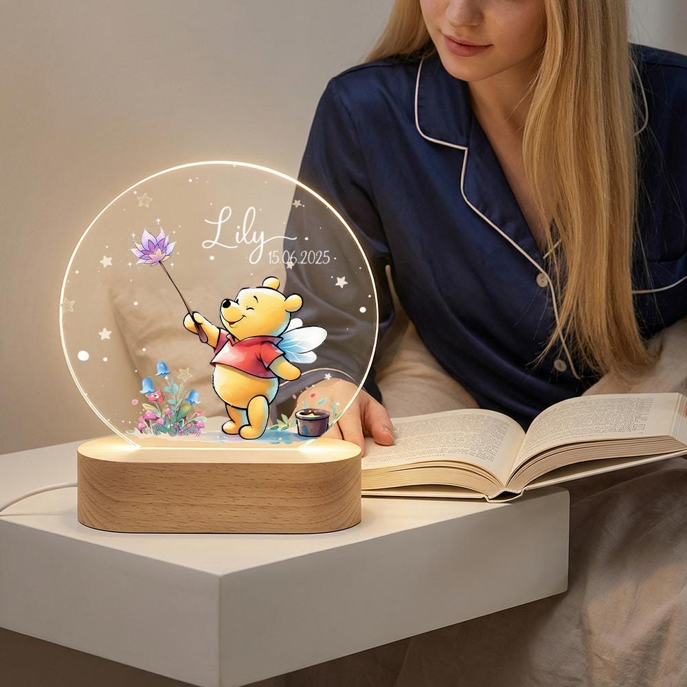 Personalized acrylic night light with wooden base, Winnie the Pooh fairy design, name & date custom, nursery bedside lamp, baby shower decor