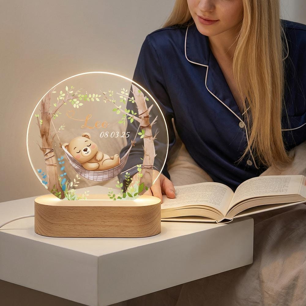 Personalized acrylic night light with wooden base, baby nursery name date keepsake, sleeping bear hammock design, newborn shower gift