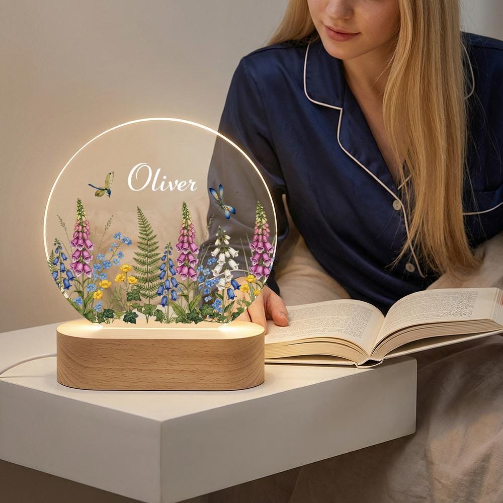 Personalized acrylic night light with name, wildflower & dragonfly botanical design, LED lamp on wooden base, nursery decor