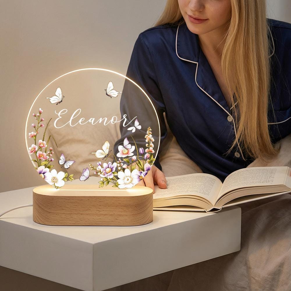 Personalized acrylic name night light with butterflies and wildflowers, LED wooden base lamp, custom nursery decor, girls room bedside gift