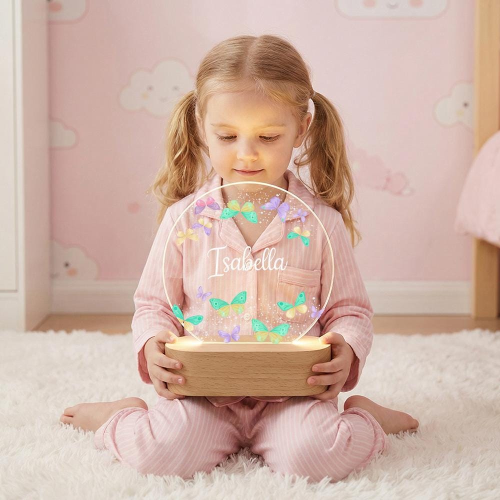 Personalized butterfly acrylic night light with name, LED lamp on wooden base, nursery bedside decor, custom kids room gift