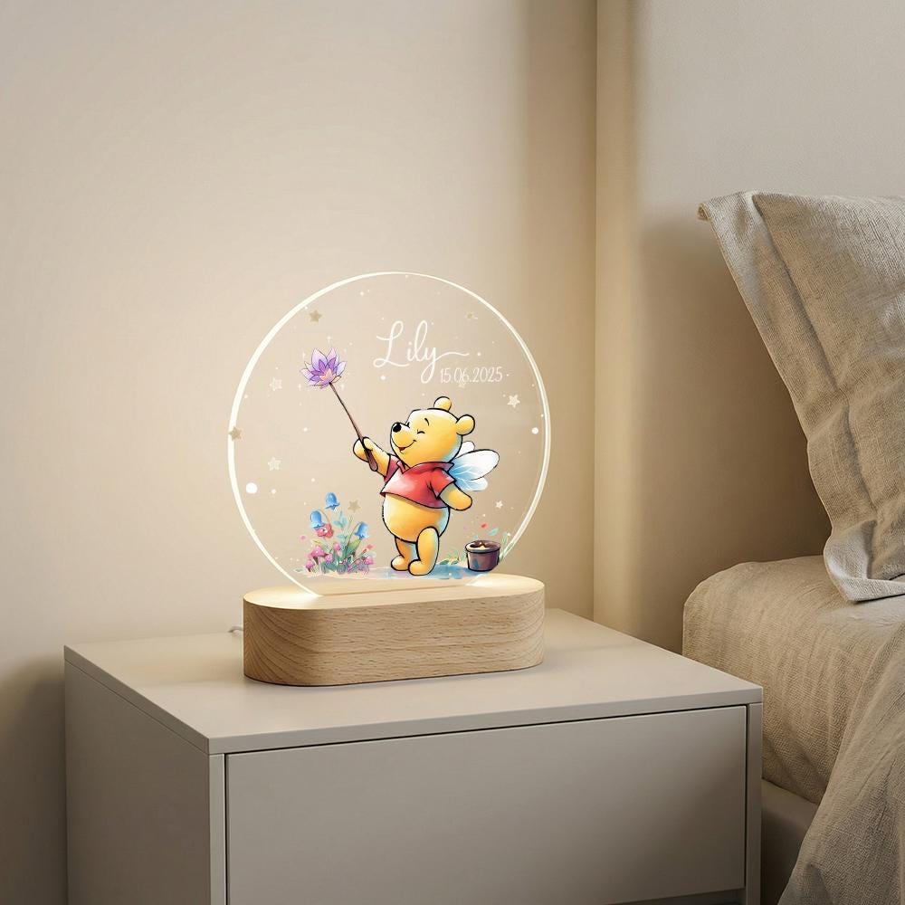 Personalized acrylic night light with wooden base, Winnie the Pooh fairy design, name & date custom, nursery bedside lamp, baby shower decor