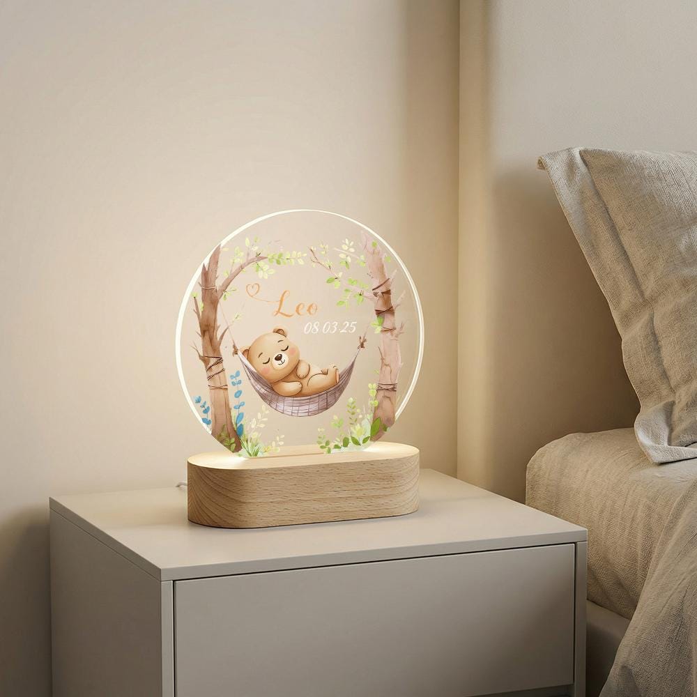 Personalized acrylic night light with wooden base, baby nursery name date keepsake, sleeping bear hammock design, newborn shower gift