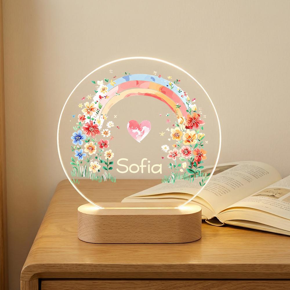 Personalized acrylic night light with name, rainbow floral wreath, heart design, LED lamp on wood base, nursery room decor, baby shower gift