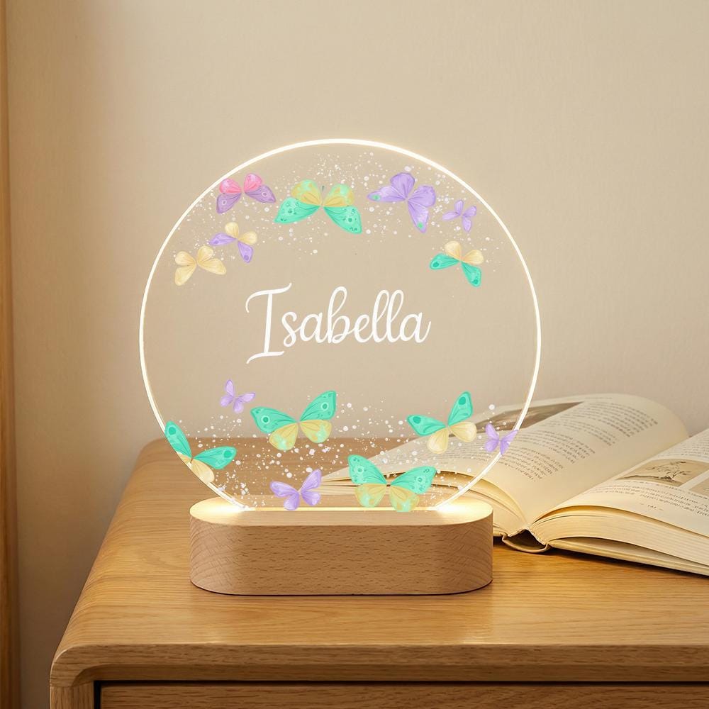 Personalized butterfly acrylic night light with name, LED lamp on wooden base, nursery bedside decor, custom kids room gift