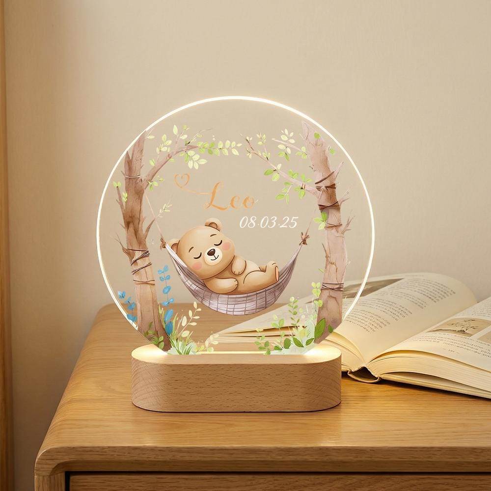 Personalized acrylic night light with wooden base, baby nursery name date keepsake, sleeping bear hammock design, newborn shower gift