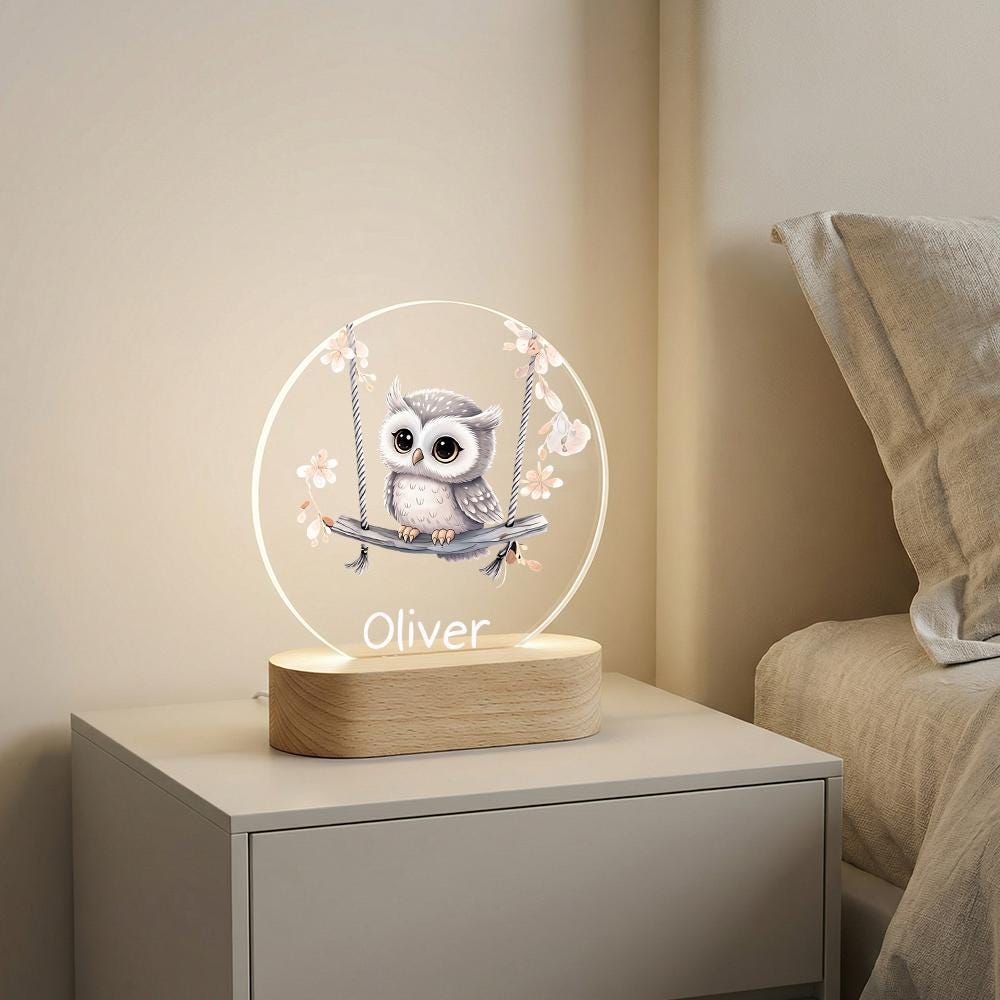 Personalized Owl Night Light Acrylic Lamp with Name, Wooden Base Nursery Decor, Baby Shower Gift, Kids Bedroom Bedside LED