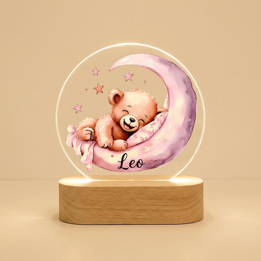 Acrylic LED night light with teddy bear on crescent moon, personalized name nursery lamp, baby room decor, newborn shower gift
