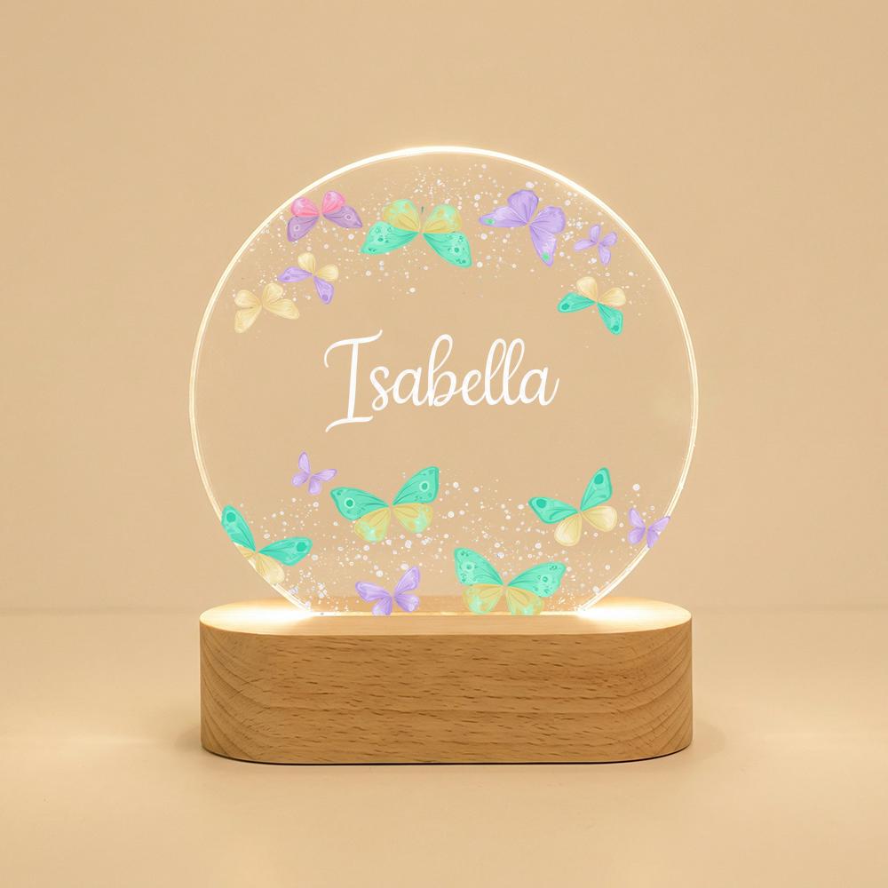 Personalized butterfly acrylic night light with name, LED lamp on wooden base, nursery bedside decor, custom kids room gift