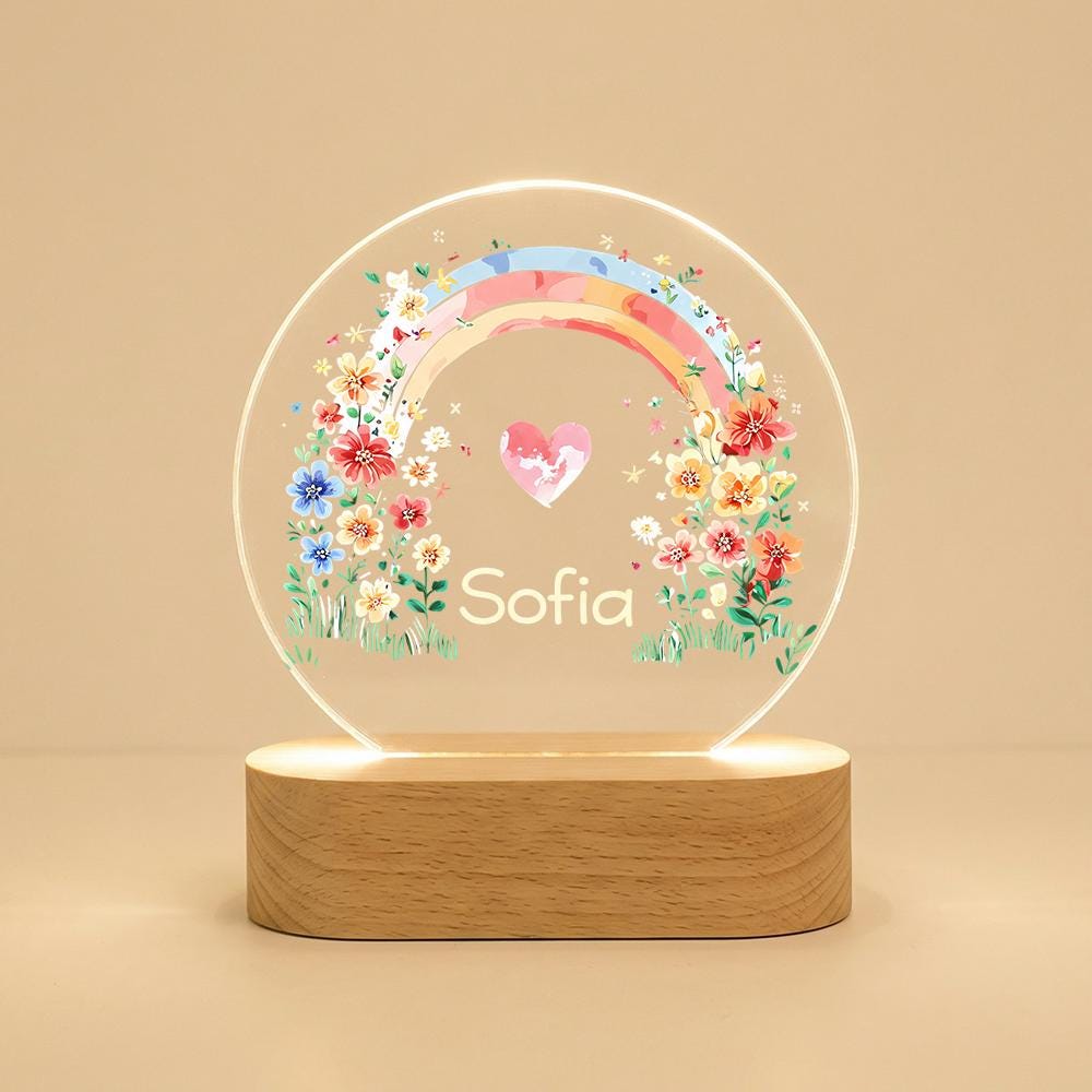 Personalized acrylic night light with name, rainbow floral wreath, heart design, LED lamp on wood base, nursery room decor, baby shower gift