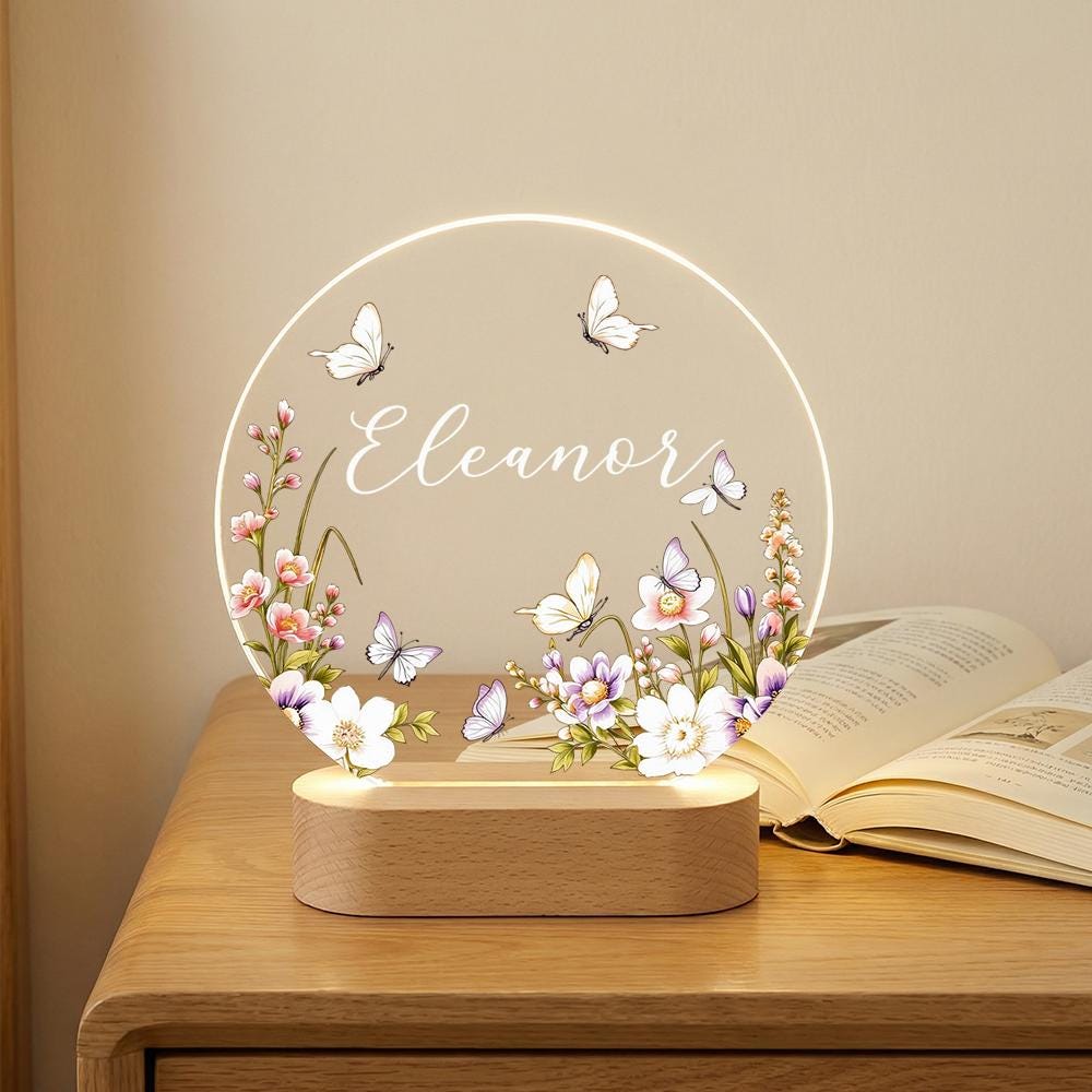Personalized acrylic name night light with butterflies and wildflowers, LED wooden base lamp, custom nursery decor, girls room bedside gift