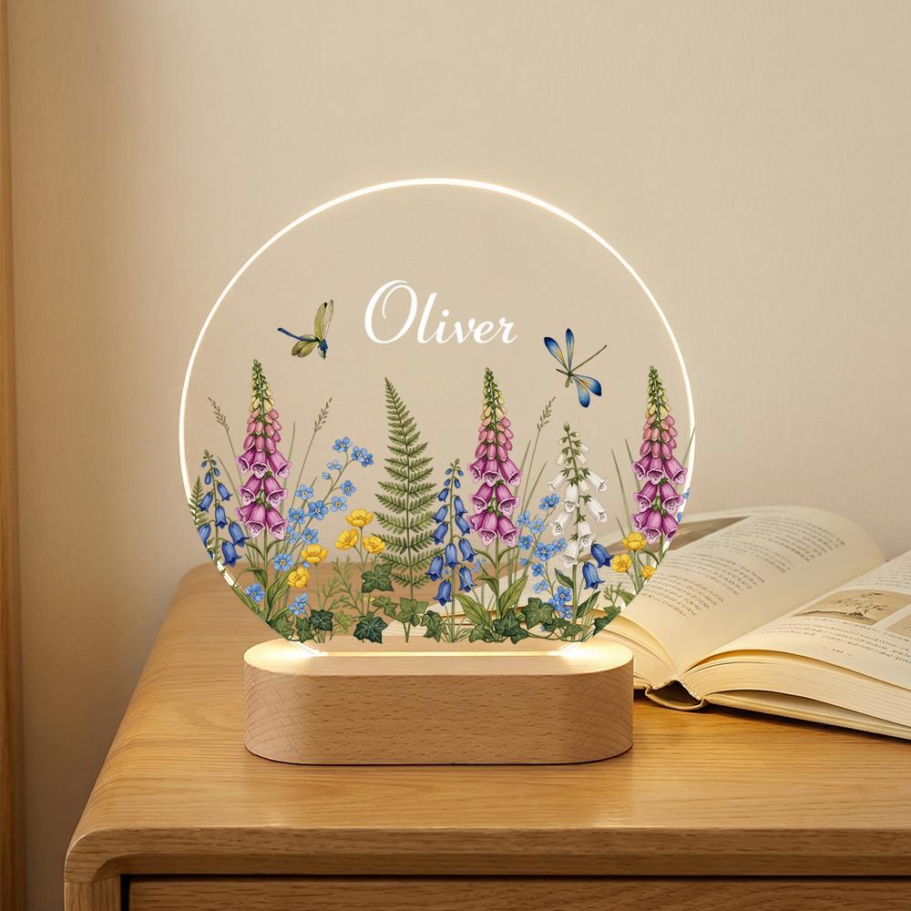 Personalized acrylic night light with name, wildflower & dragonfly botanical design, LED lamp on wooden base, nursery decor