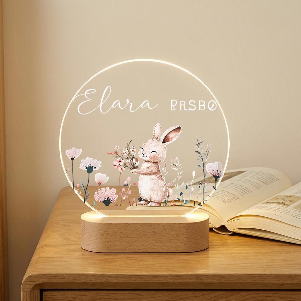 Personalized Acrylic Night Light with Wooden Base, Bunny & Wildflower Nursery Lamp, Custom Name LED Bedside Decor, Baby Shower Gift