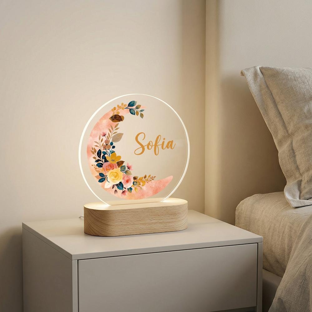 Personalized Acrylic Name Plaque with Floral Wreath, LED Light Base, Custom Nursery Decor, Baby Shower Gift, Kids Room Night Light Sign