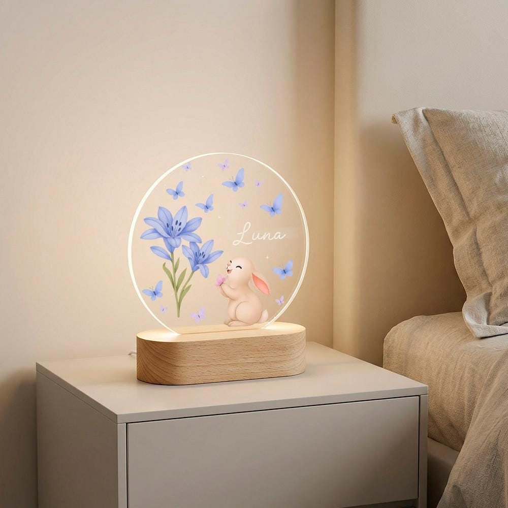 Personalized LED Night Light Acrylic Plaque, Bunny & Blue Butterflies Name Sign, Wooden Base Nursery Lamp, Baby Shower Gift