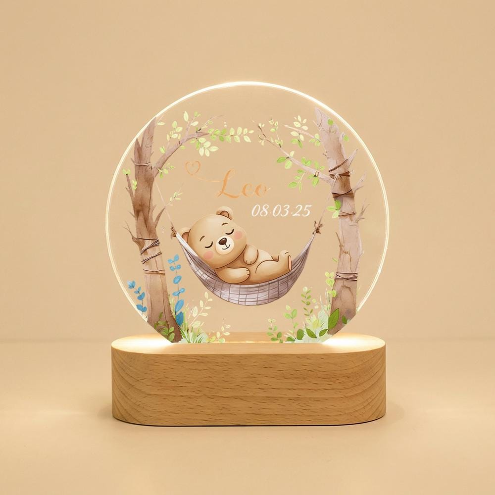 Personalized acrylic night light with wooden base, baby nursery name date keepsake, sleeping bear hammock design, newborn shower gift