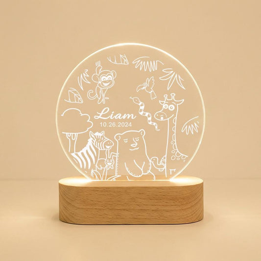 Personalized safari animal night light with name & date, acrylic LED lamp for nursery decor, baby shower gift, kids room bedtime light
