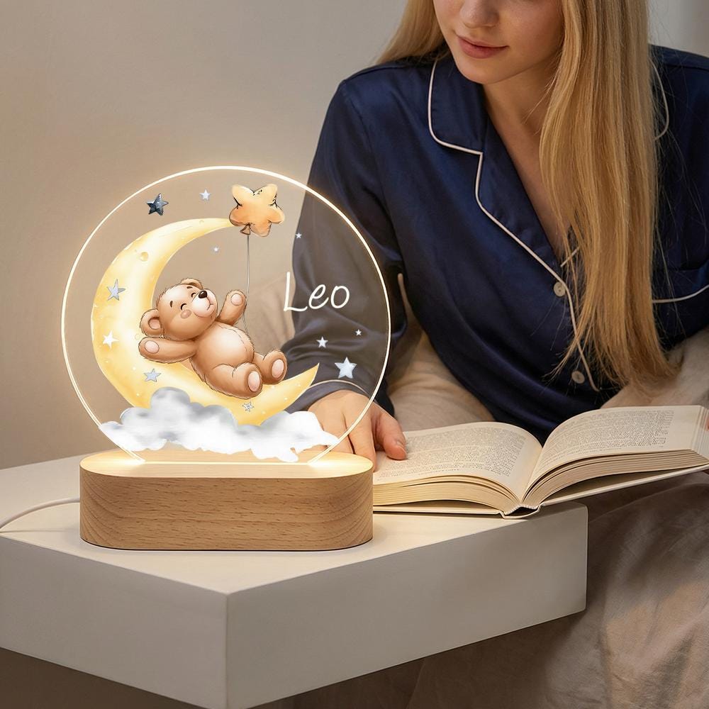 Acrylic LED Night Light, Teddy Bear on Moon, Personalized Baby Name, Nursery Decor, Kids Bedside Lamp, Wooden Base, Baby Shower Gift