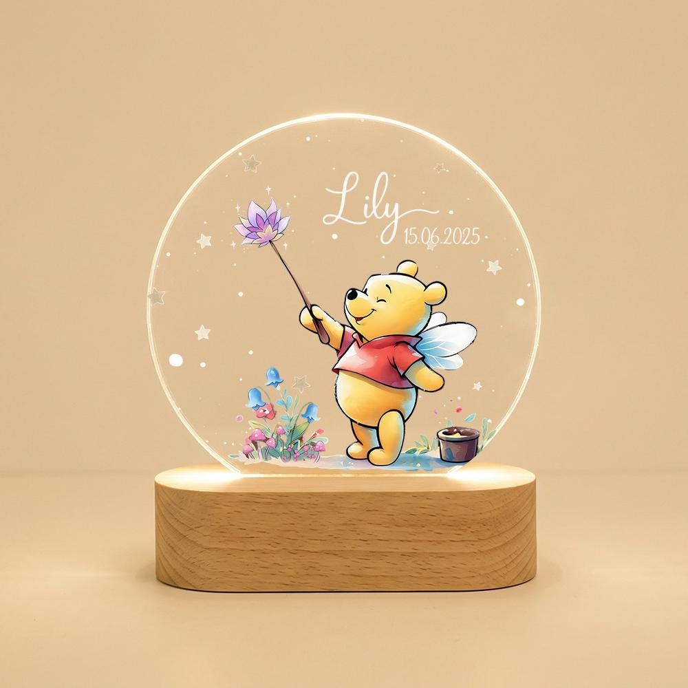 Personalized acrylic night light with wooden base, Winnie the Pooh fairy design, name & date custom, nursery bedside lamp, baby shower decor