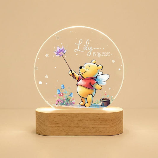 Personalized acrylic night light with wooden base, Winnie the Pooh fairy design, name & date custom, nursery bedside lamp, baby shower decor