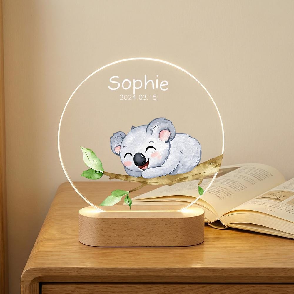 Personalized koala night light acrylic plaque, name date nursery decor, LED wooden base lamp for baby room