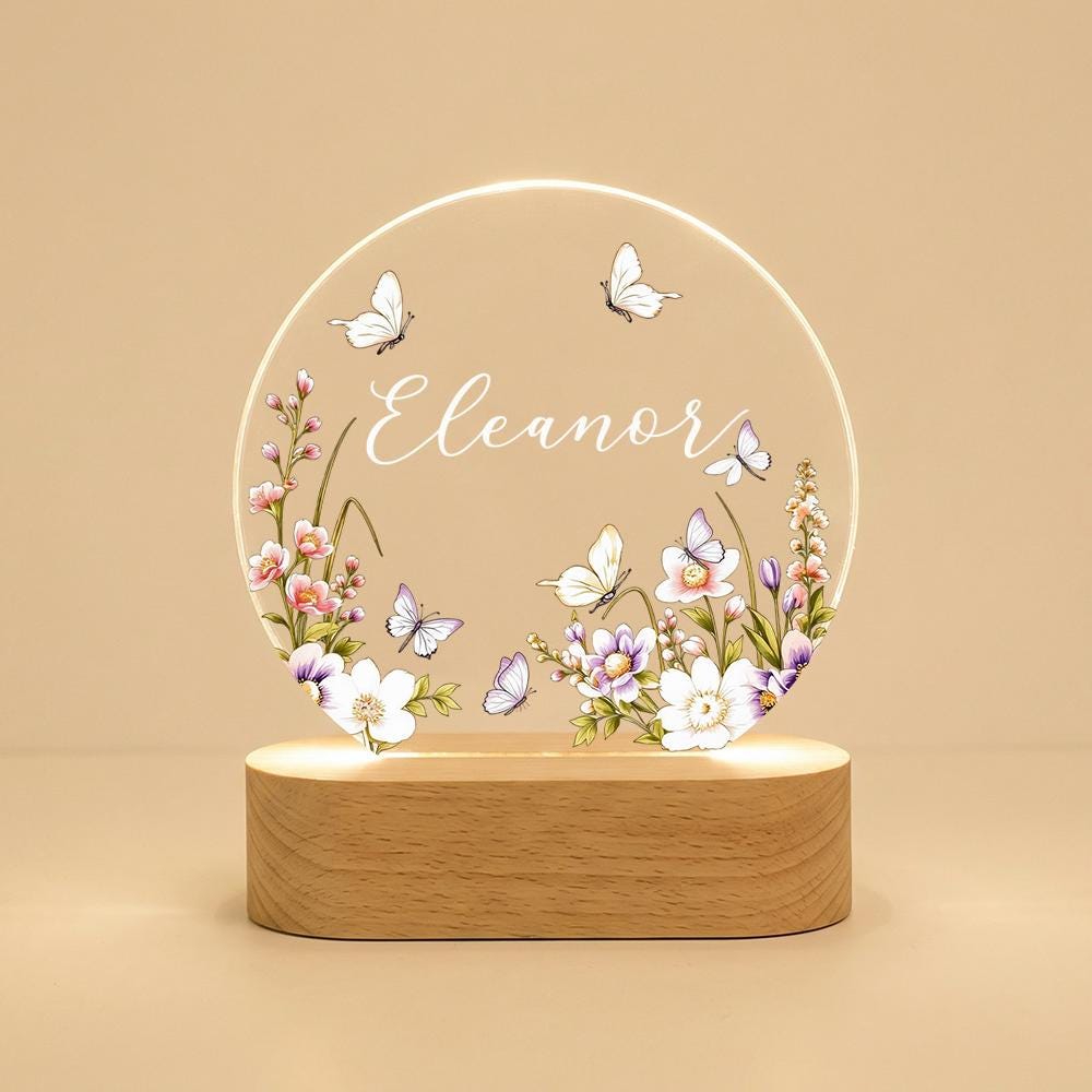 Personalized acrylic name night light with butterflies and wildflowers, LED wooden base lamp, custom nursery decor, girls room bedside gift