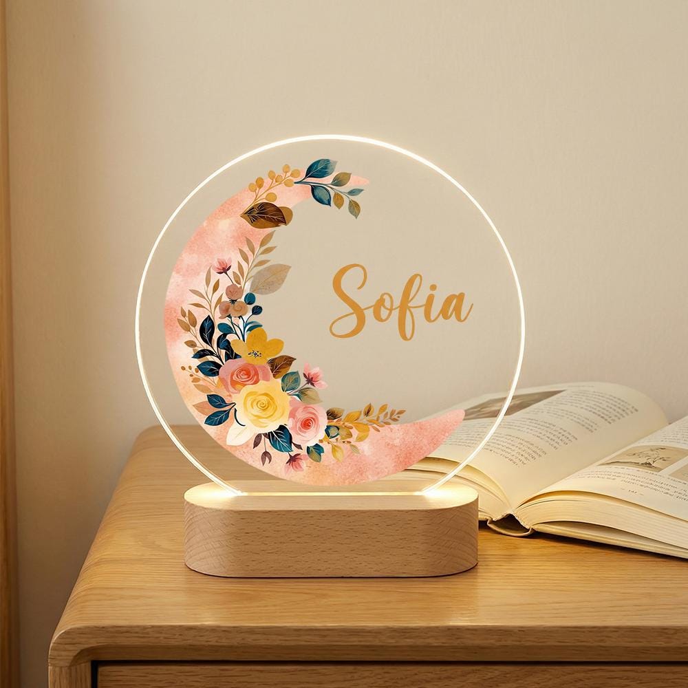Personalized Acrylic Name Plaque with Floral Wreath, LED Light Base, Custom Nursery Decor, Baby Shower Gift, Kids Room Night Light Sign