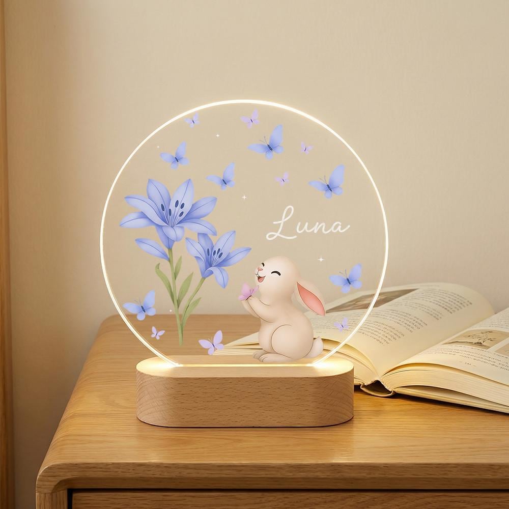 Personalized LED Night Light Acrylic Plaque, Bunny & Blue Butterflies Name Sign, Wooden Base Nursery Lamp, Baby Shower Gift