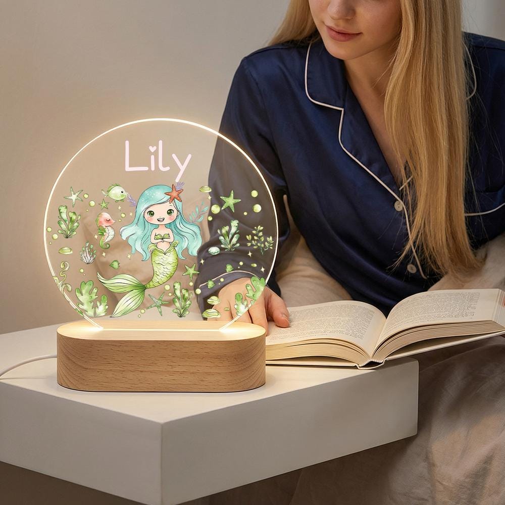 Acrylic LED night light with mermaid name sign, personalized nursery decor, kids bedside lamp, under the sea room accent, custom gift