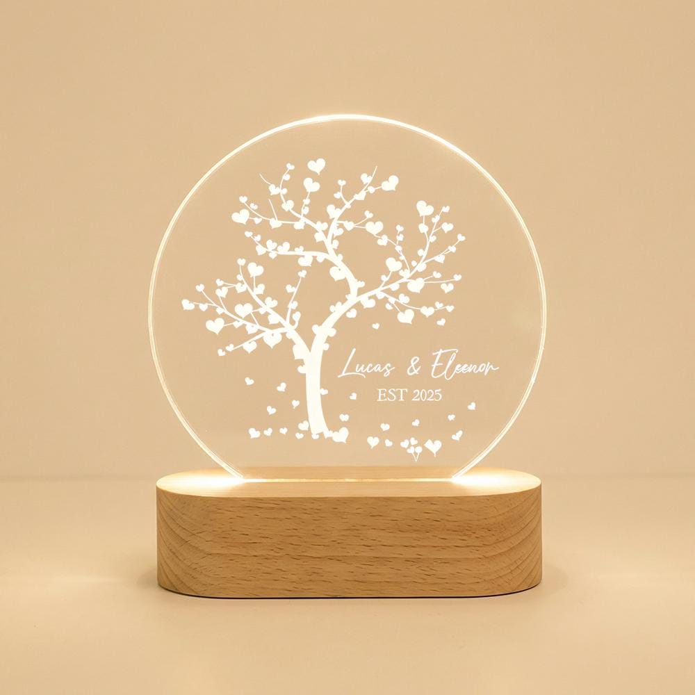 Acrylic LED Night Light with Custom Names, Tree of Hearts Design, Anniversary Wedding Gift, Couple Keepsake, Personalized Room Decor