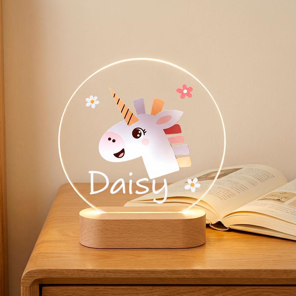 Personalized Unicorn Night Light Acrylic Plaque, Custom Name LED Lamp for Kids Nursery Decor, Baby Shower Gift, Rainbow Cute Animal Bedroom