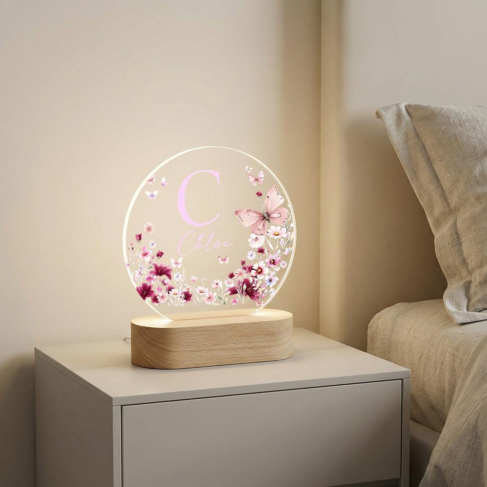 Acrylic LED night light with butterfly floral monogram, personalized name bedside lamp, nursery room decor, custom initial plaque gift