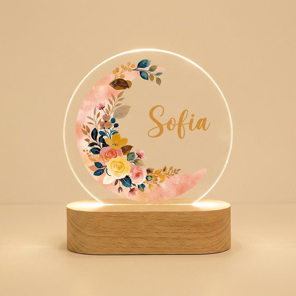 Personalized Acrylic Name Plaque with Floral Wreath, LED Light Base, Custom Nursery Decor, Baby Shower Gift, Kids Room Night Light Sign