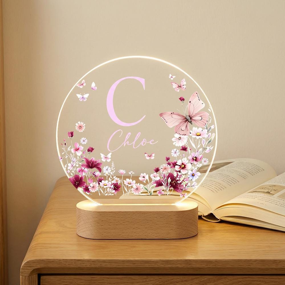 Acrylic LED night light with butterfly floral monogram, personalized name bedside lamp, nursery room decor, custom initial plaque gift