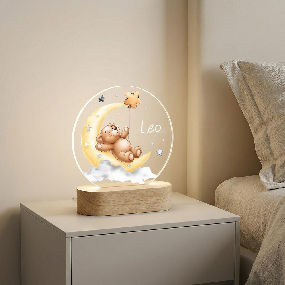 Acrylic LED Night Light, Teddy Bear on Moon, Personalized Baby Name, Nursery Decor, Kids Bedside Lamp, Wooden Base, Baby Shower Gift