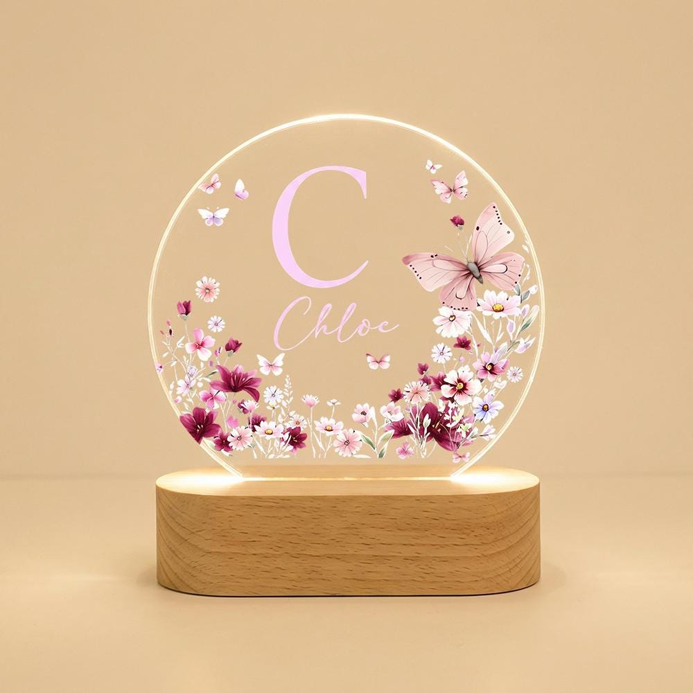 Acrylic LED night light with butterfly floral monogram, personalized name bedside lamp, nursery room decor, custom initial plaque gift