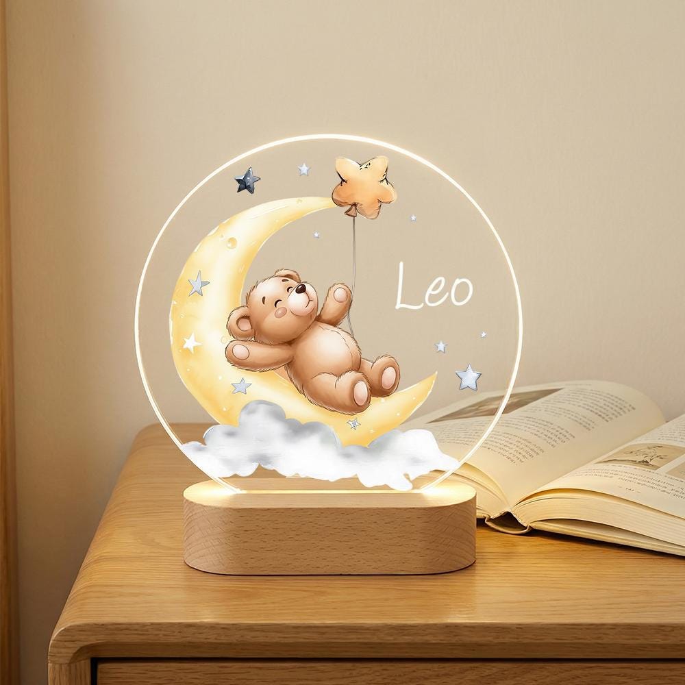 Acrylic LED Night Light, Teddy Bear on Moon, Personalized Baby Name, Nursery Decor, Kids Bedside Lamp, Wooden Base, Baby Shower Gift