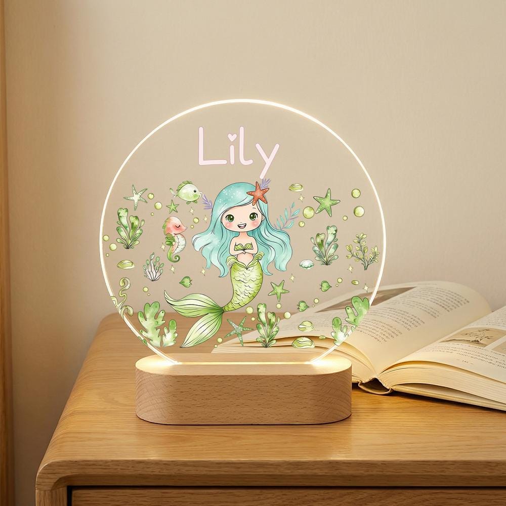 Acrylic LED night light with mermaid name sign, personalized nursery decor, kids bedside lamp, under the sea room accent, custom gift