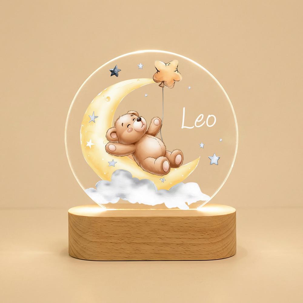 Acrylic LED Night Light, Teddy Bear on Moon, Personalized Baby Name, Nursery Decor, Kids Bedside Lamp, Wooden Base, Baby Shower Gift