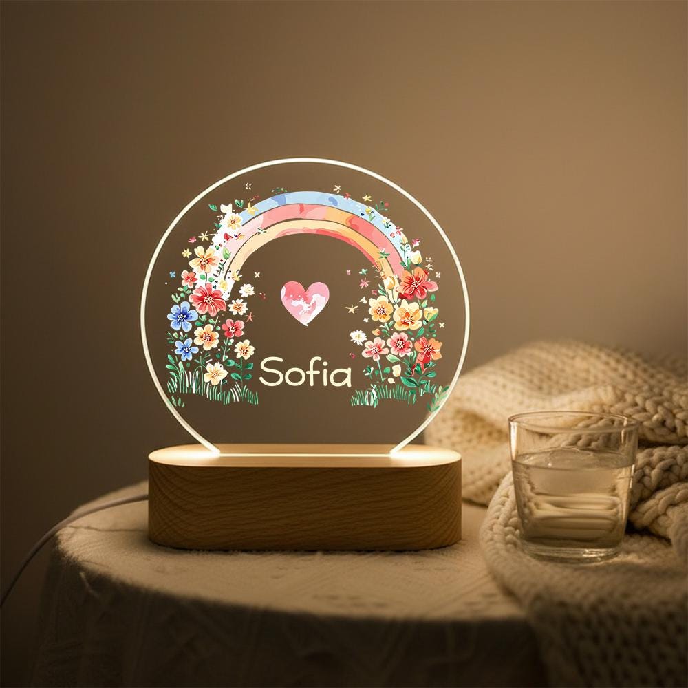 Personalized acrylic night light with name, rainbow floral wreath, heart design, LED lamp on wood base, nursery room decor, baby shower gift