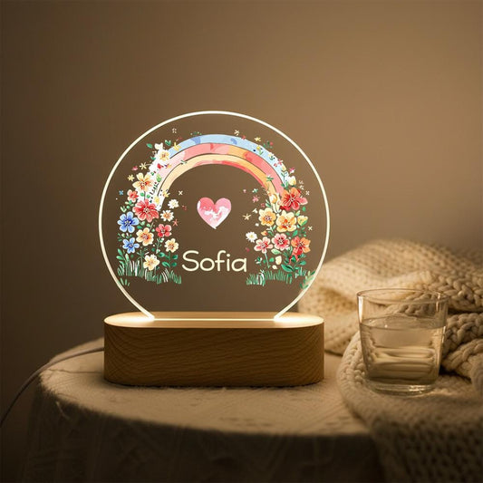 Personalized acrylic night light with name, rainbow floral wreath, heart design, LED lamp on wood base, nursery room decor, baby shower gift