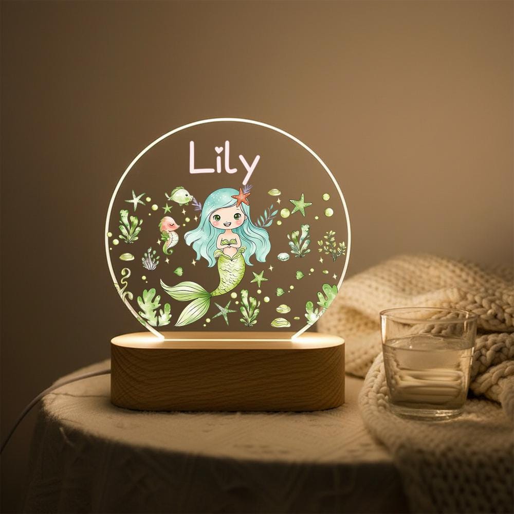 Acrylic LED night light with mermaid name sign, personalized nursery decor, kids bedside lamp, under the sea room accent, custom gift